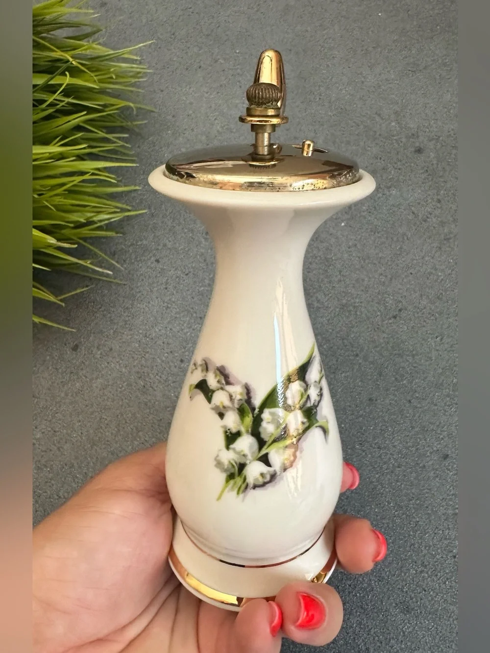 Porcelain White Lily of the Valley Pepper mill with Gold accents